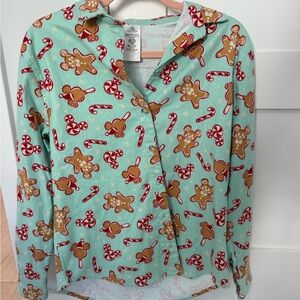 Disney Mint Green gingerbread Down Shirt with Gingerbread and Candy Cane Print